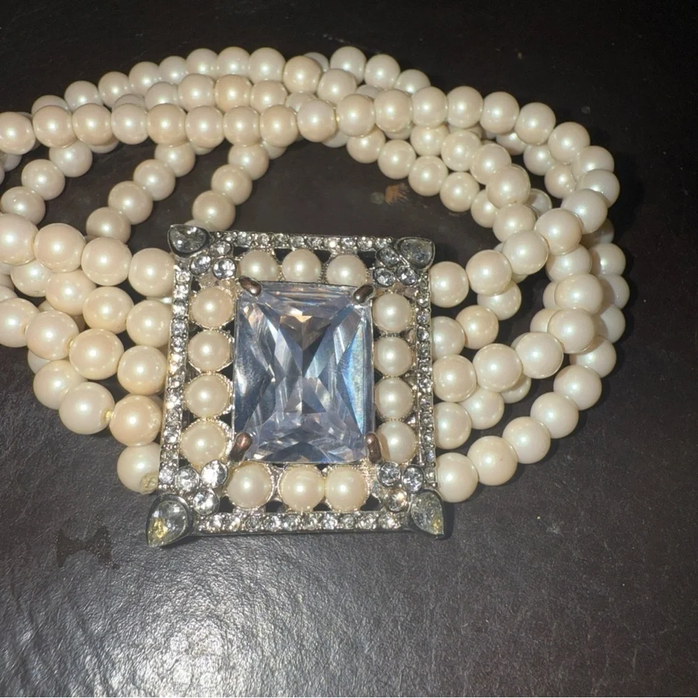Carolee 5 Stranded Tiny Faux Pearl & Stone Stretch Bracelet- Silver Tone